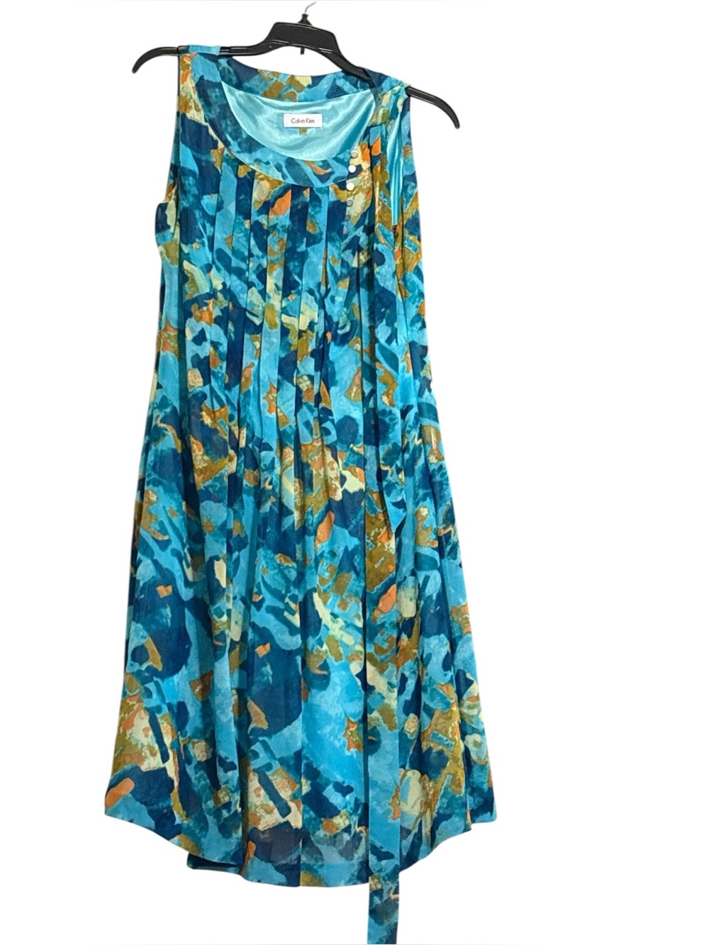 Calvin Klein Teal Blue Abstract Print Sleeveless Dress with tie. Size 10 - Picture 2 of 4